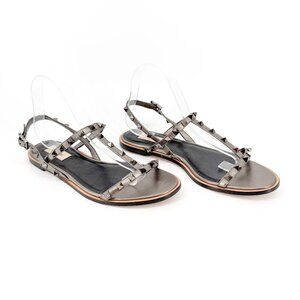 Valentino Garavani Rockstud T-Strap Flat Sandals Size 40 US 10 Silver Women's